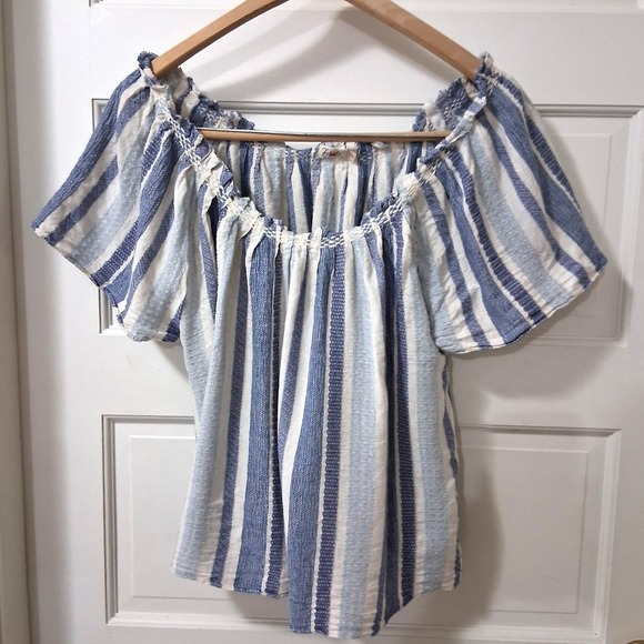 Faherty Tops - Faherty Annabelle Blue White Striped Peasant Top Short Flutter Sleeve Small